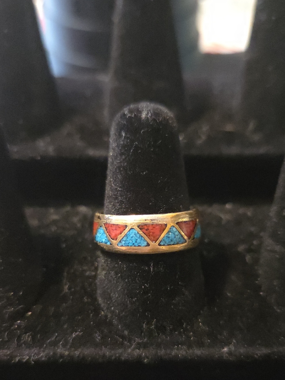 Native American Navajo/Zuni Wedding Band Turquoise/Coral Sterling Silver Tested
